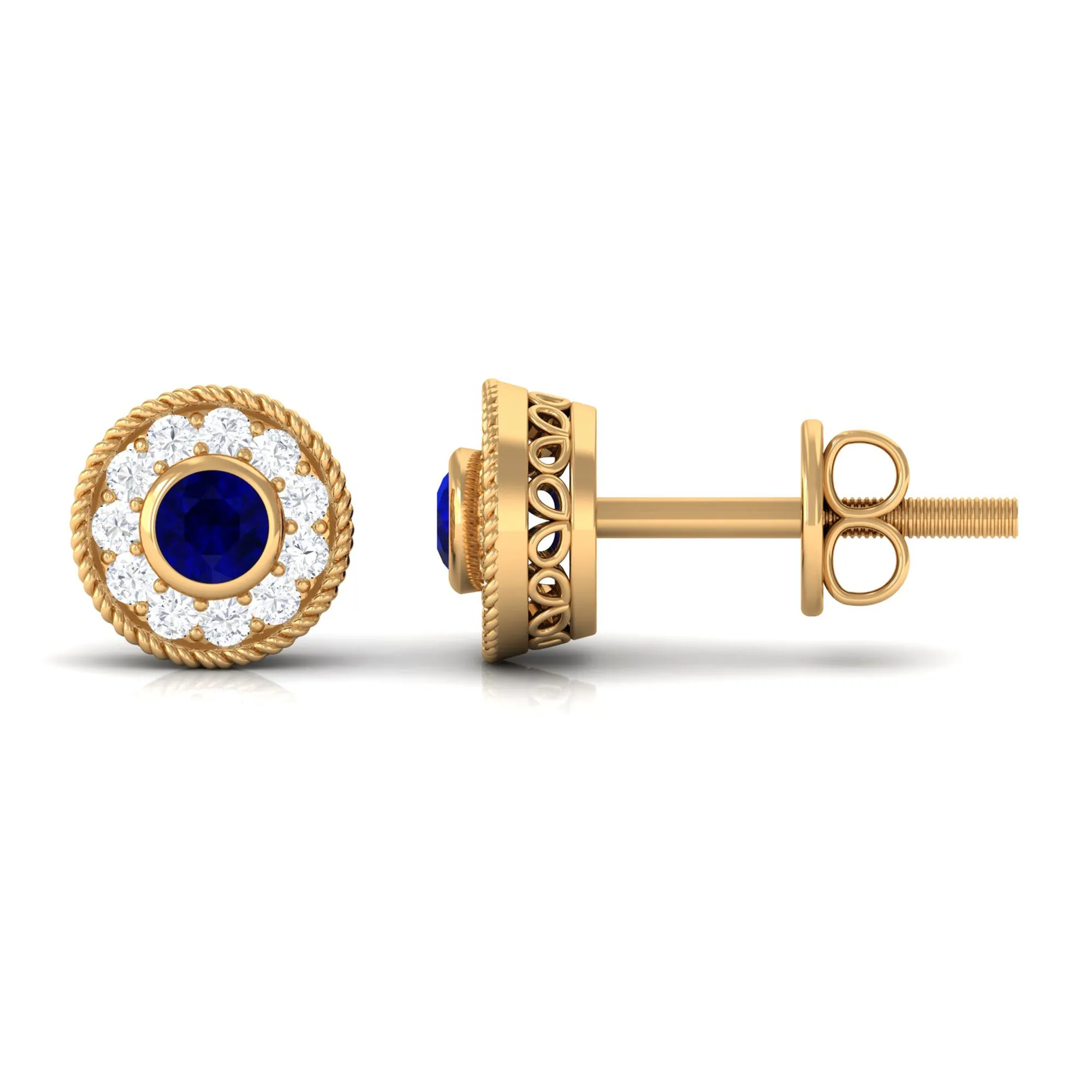 0.5 CT Antique Blue Sapphire and Diamond Halo Stud Earrings with Rope Frame