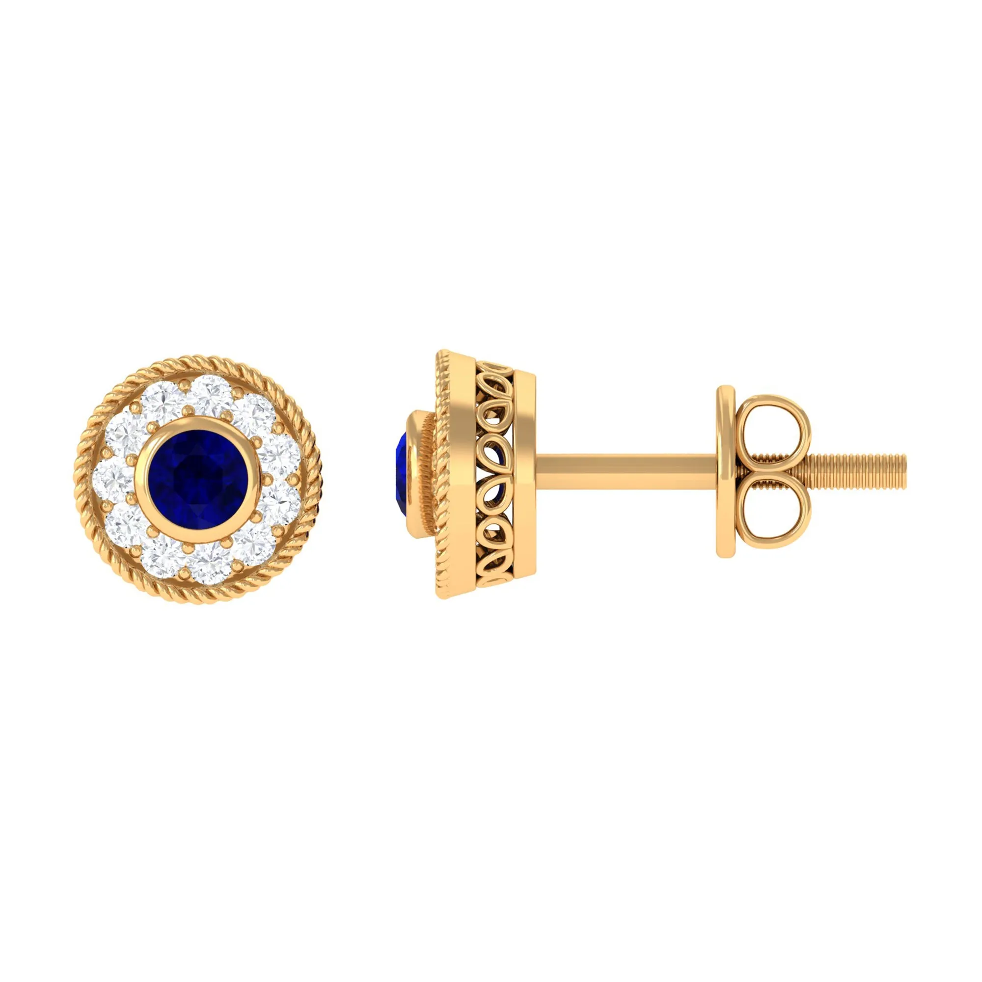 0.5 CT Antique Blue Sapphire and Diamond Halo Stud Earrings with Rope Frame