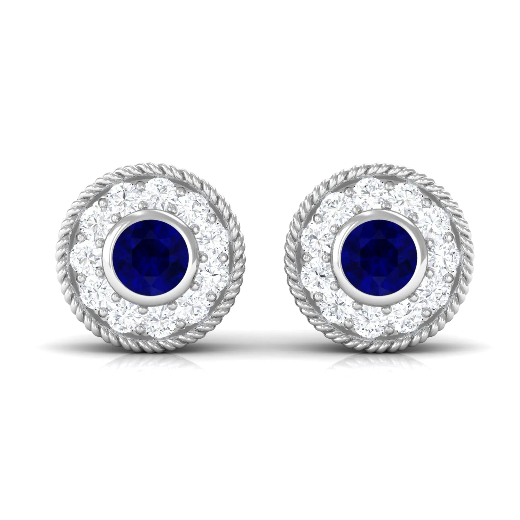 0.5 CT Antique Blue Sapphire and Diamond Halo Stud Earrings with Rope Frame