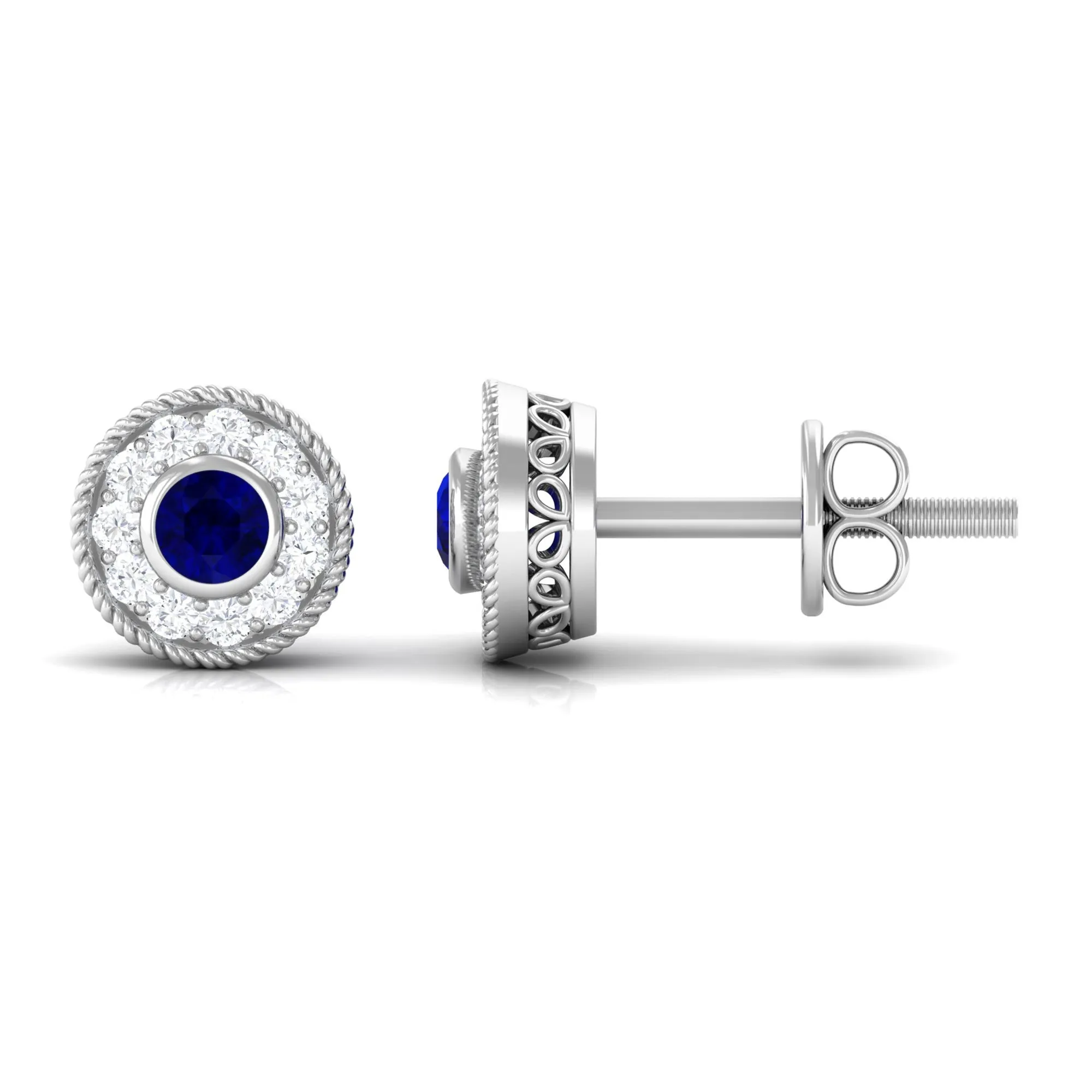 0.5 CT Antique Blue Sapphire and Diamond Halo Stud Earrings with Rope Frame