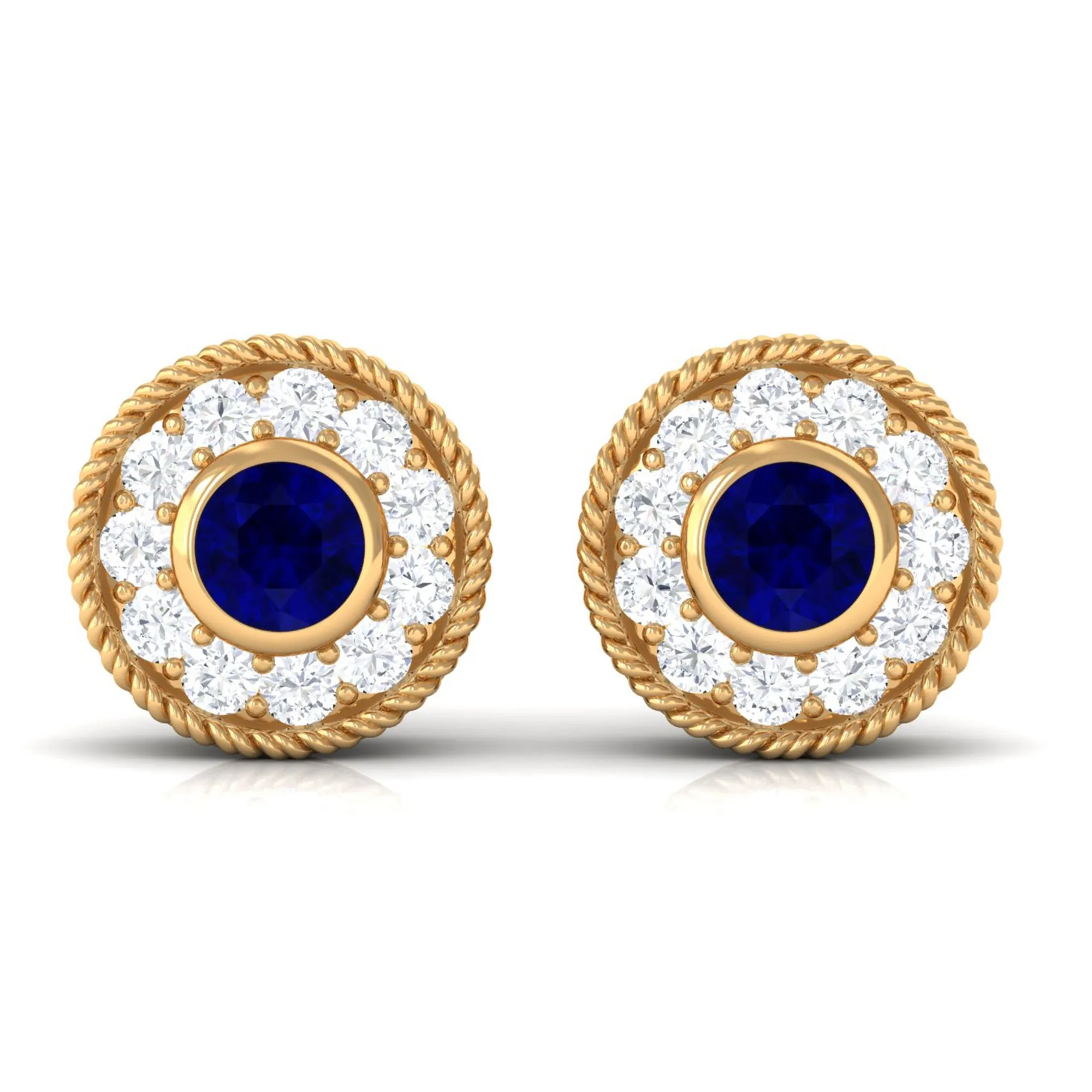 0.5 CT Antique Blue Sapphire and Diamond Halo Stud Earrings with Rope Frame