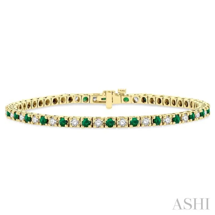 1 1/2 ctw Square Box Link 2.5MM Emerald and Round Cut Diamond Precious Tennis Bracelet in 14K Yellow Gold