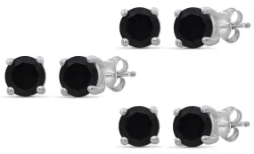 10k White Gold Plated Created Black Sapphire 4Ct Round Set of Three Stud Earrings