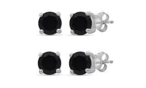 10k White Gold Plated Created Black Sapphire 4Ct Round Set of Two Stud Earrings