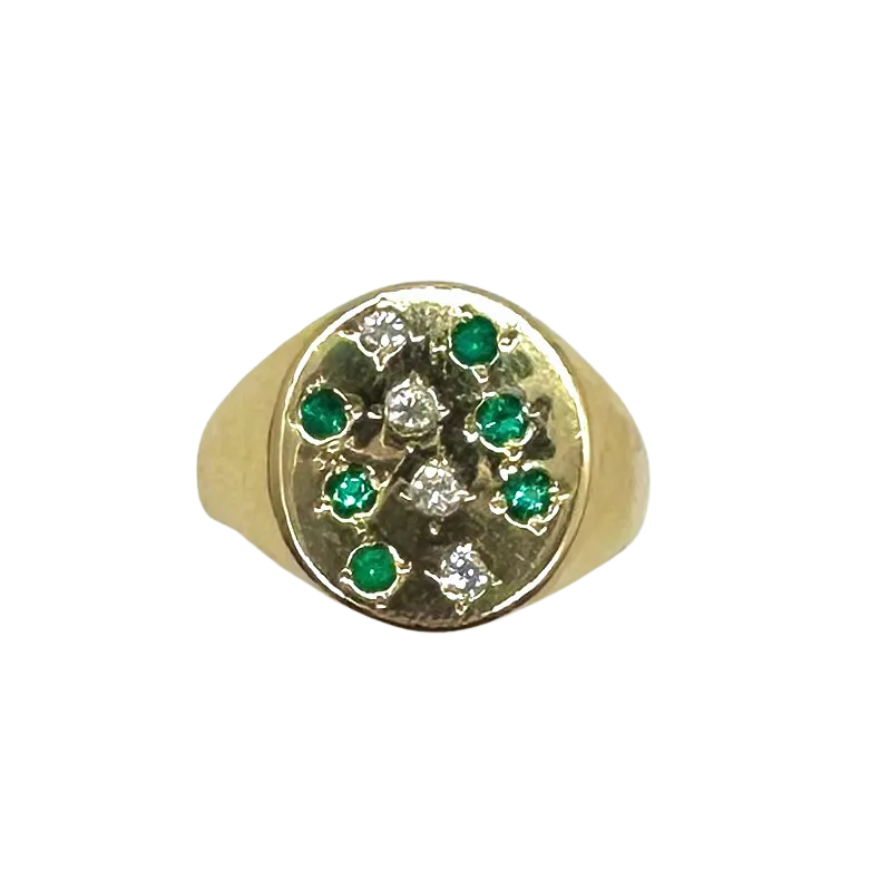 10k Yellow Gold Diamond and Emerald Signet Ring