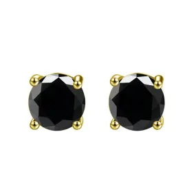 10k Yellow Gold Plated Created Black Sapphire 2 Carat Round Stud Earrings