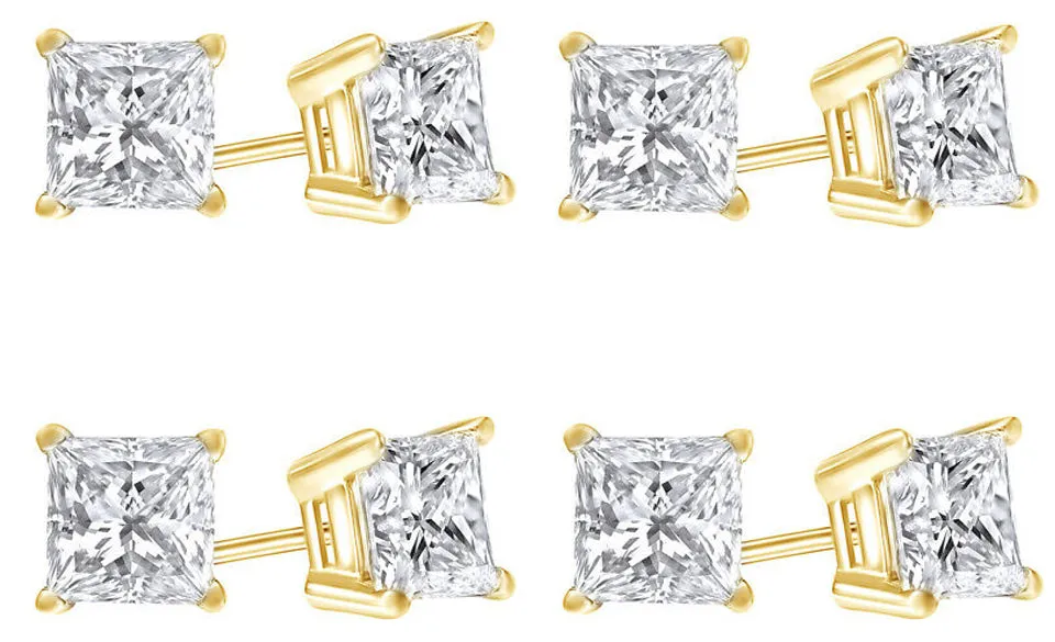 10k Yellow Gold Plated Created White Sapphire 1/2 Carat Princess Cut Pack of Four Stud Earrings