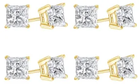 10k Yellow Gold Plated Created White Sapphire 1/2 Carat Princess Cut Pack of Four Stud Earrings