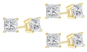 10k Yellow Gold Plated Created White Sapphire 3 Carat Princess Cut Pack of Three Stud Earrings