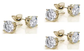 10k Yellow Gold Plated Created White Sapphire 4 Carat Round Pack of Three Stud Earrings