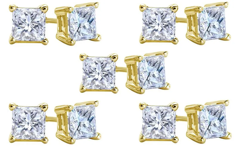 10k Yellow Gold Plated Created White Sapphire 4 Carat Square Cut Pack of Five Stud Earrings