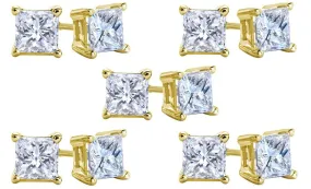 10k Yellow Gold Plated Created White Sapphire 4 Carat Square Cut Pack of Five Stud Earrings