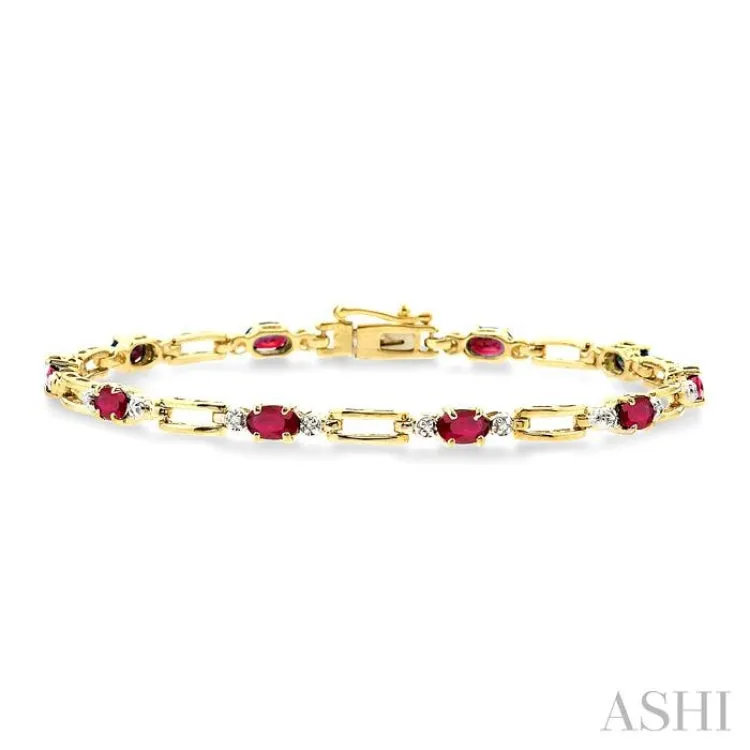 1/10 Ctw Round Cut Diamond & 5x3MM Oval Cut Ruby Precious  Bracelet in 10K Yellow Gold