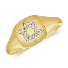 14K Gold Star Of David Diamond Signet Pinky Ring