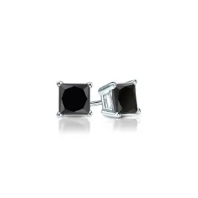 14k White Gold Plated 1/2 Carat Princess Cut Created Black Sapphire Stud Earrings