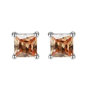 14k White Gold Plated 1/2 Carat Square Created Champagne Sapphire Stud Earrings