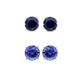 14k White Gold Plated 2Ct Created Black Sapphire and Tanzanite 2 Pair Round Stud Earrings