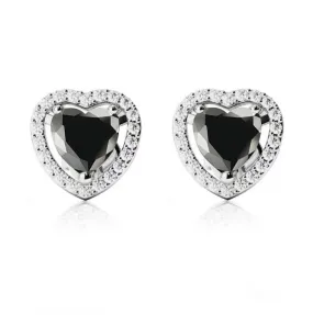 14k White Gold Plated 4 Ct Created Halo Heart Black Sapphire Stud Earrings