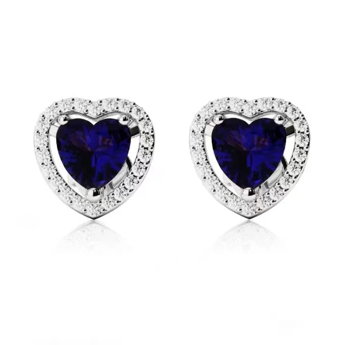 14k White Gold Plated 4 Ct Created Halo Heart Blue Sapphire Stud Earrings