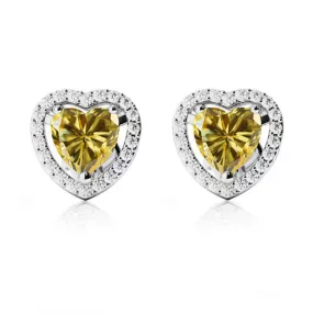 14k White Gold Plated 4 Ct Created Halo Heart Yellow Sapphire Stud Earrings