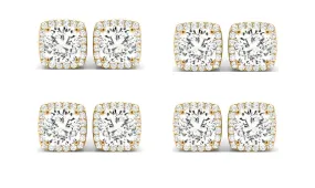 14k Yellow Gold 1Ct Cushion Cut White Sapphire Set Of Four Halo Stud Earrings Plated