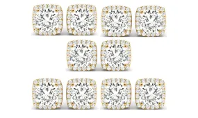 14k Yellow Gold 4mm 4Ct Cushion Cut White Sapphire Set Of Five Halo Stud Earrings Plated