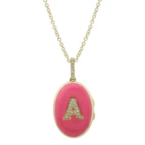 14k Yellow Gold Pink Diamond Initial Enamel Locket Necklace