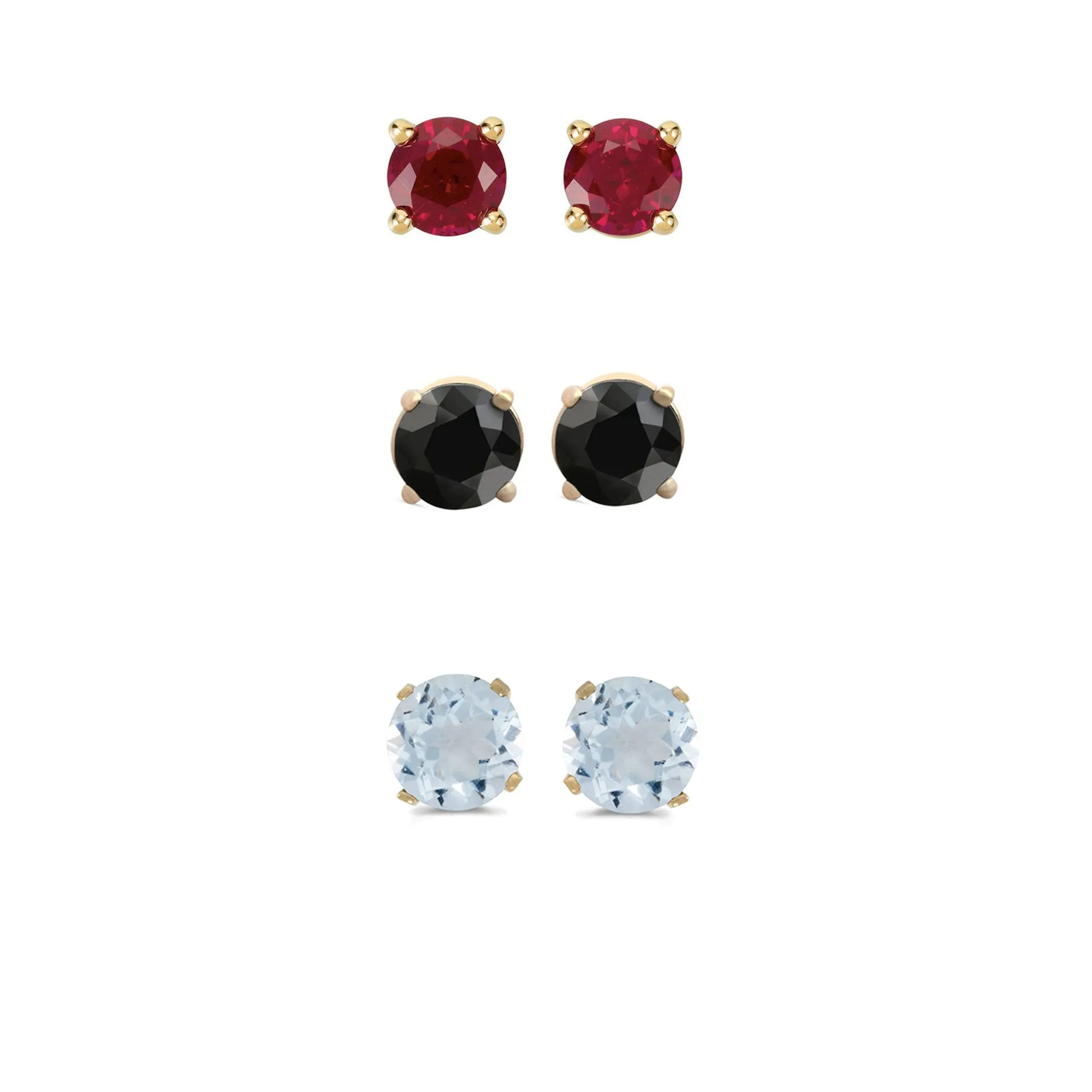 14k Yellow Gold Plated 1/2Ct Created Garnet, Black Sapphire and Aquamarine 3 Pair Round Stud Earrings