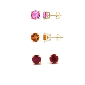 14k Yellow Gold Plated 1/2Ct Created Pink Sapphire, Citrine and Garnet 3 Pair Round Stud Earrings