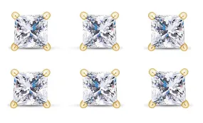 14k Yellow Gold Plated 1Ct Princess Cut White Sapphire Set Of Three Stud Earrings