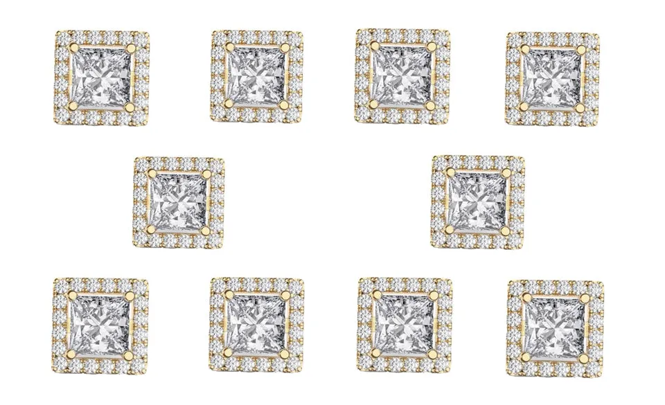 14k Yellow Gold Plated 1Ct Square Cut White Sapphire Set of Five Halo Stud Earrings