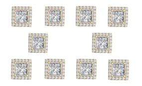 14k Yellow Gold Plated 1Ct Square Cut White Sapphire Set of Five Halo Stud Earrings