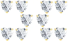 14k Yellow Gold Plated 3Ct Heart White Sapphire Set Of Five Stud Earrings