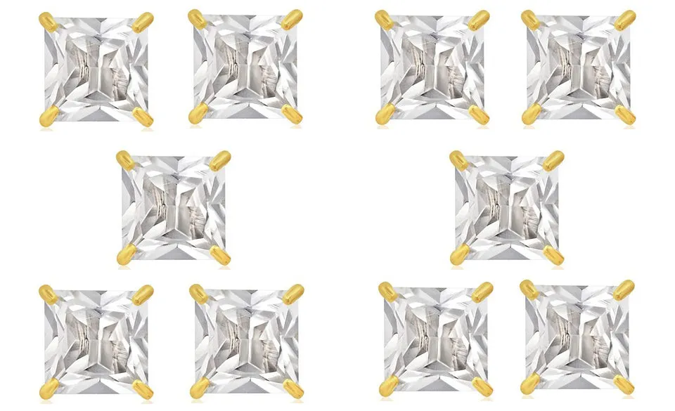 14k Yellow Gold Plated 4Ct Square Cut White Sapphire Set Of Five Stud Earrings