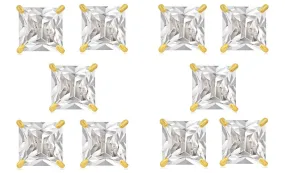 14k Yellow Gold Plated 4Ct Square Cut White Sapphire Set Of Five Stud Earrings