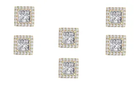 14k Yellow Gold Plated 6mm 1/2Ct Square Cut White Sapphire Set of Three Halo Stud Earrings