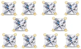 14k Yellow Gold Plated 6mm 1Ct Princess Cut White Sapphire Set Of Five Stud Earrings