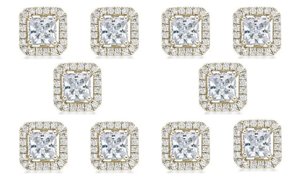 14k Yellow Gold Plated 6mm 2Ct Princess Cut White Sapphire Set of Five Halo Stud Earrings