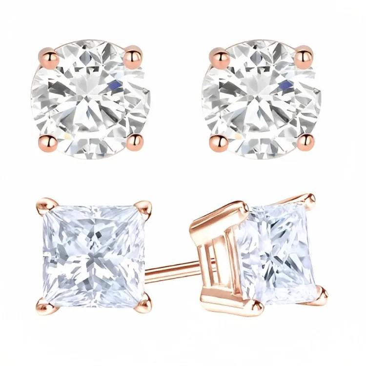 18k Rose Gold 2 Pair Moissanite Round & Princess Cut Stud Earrings Plated 6mm By Paris Jewelry