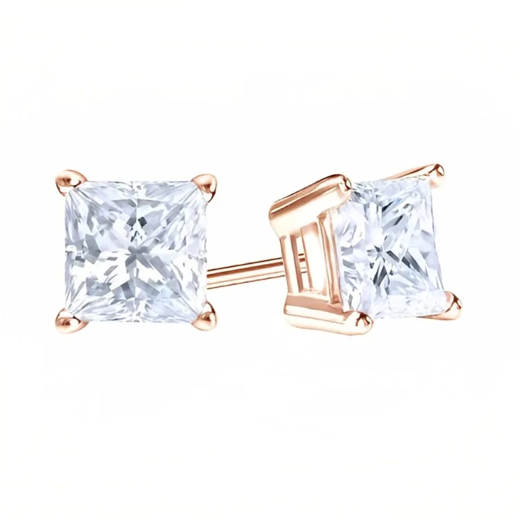 18k Rose Gold 2 Pair Moissanite Round & Princess Cut Stud Earrings Plated 6mm By Paris Jewelry