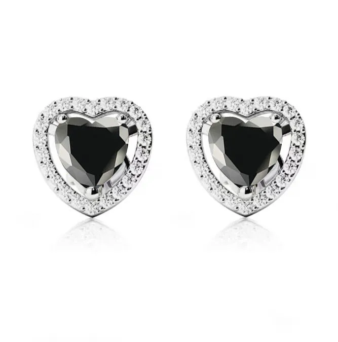 18k White Gold Plated 3 Ct Created Halo Heart Black Sapphire Stud Earrings