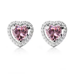 18k White Gold Plated 3 Ct Created Halo Heart Pink Sapphire Stud Earrings