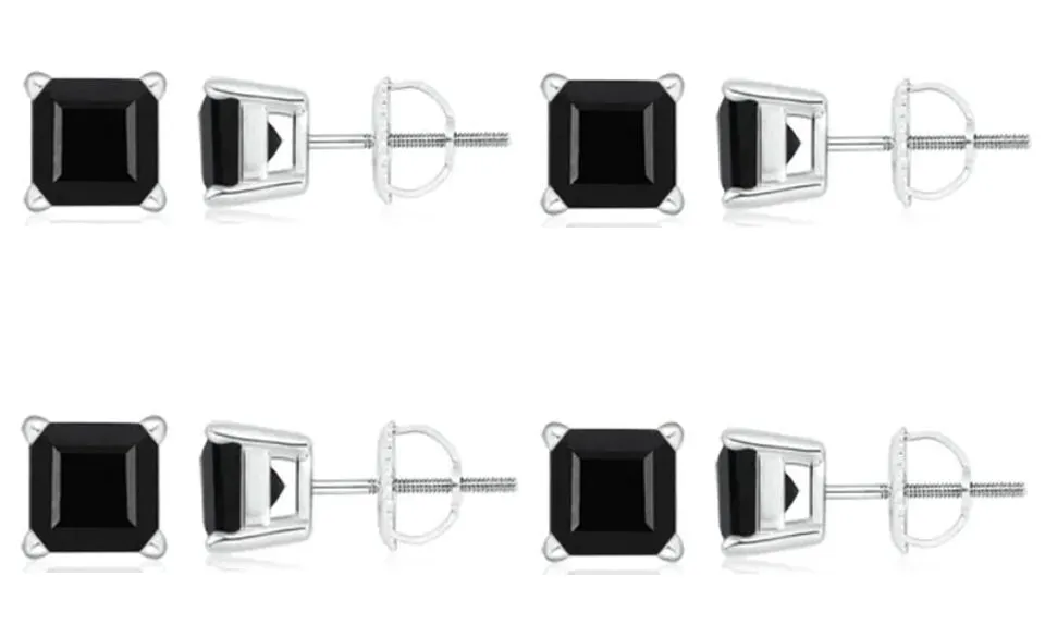 18k White Gold Plated Created Black Sapphire 3Ct Square Cut Pack of Four Stud Earrings