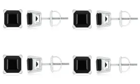 18k White Gold Plated Created Black Sapphire 3Ct Square Cut Pack of Four Stud Earrings