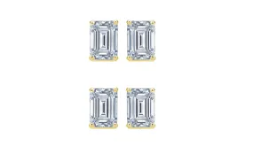 18k Yellow Gold 6mm 1Ct Emerald Cut White Sapphire Set Of Two Stud Earrings Plated