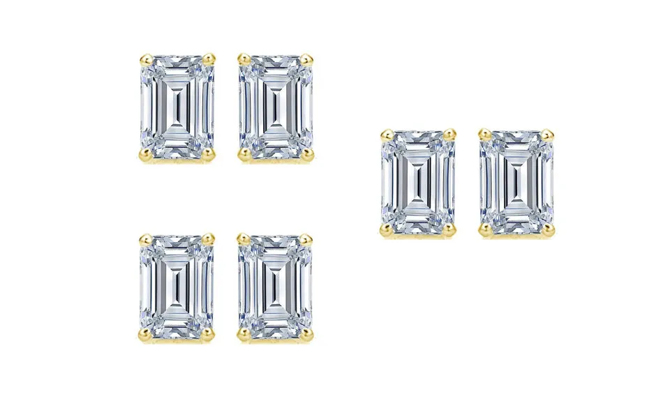 18k Yellow Gold 6mm 4Ct Emerald Cut White Sapphire Set Of Three Stud Earrings Plated