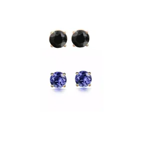 18k Yellow Gold Plated 2Ct Created Black Sapphire and Tanzanite 2 Pair Round Stud Earrings