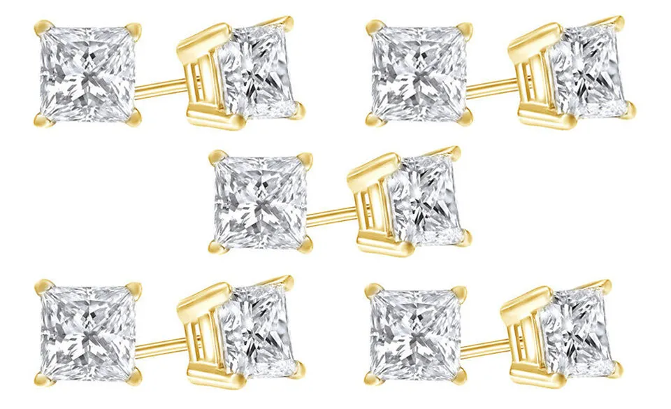 18k Yellow Gold Plated Created White Sapphire 1/2 Carat Princess Cut Pack of Five Stud Earrings