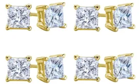 18k Yellow Gold Plated Created White Sapphire 2 Carat Square Cut Pack of Four Stud Earrings