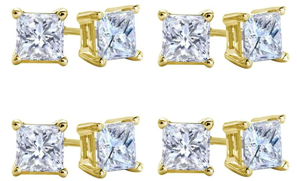 18k Yellow Gold Plated Created White Sapphire 2 Carat Square Cut Pack of Four Stud Earrings